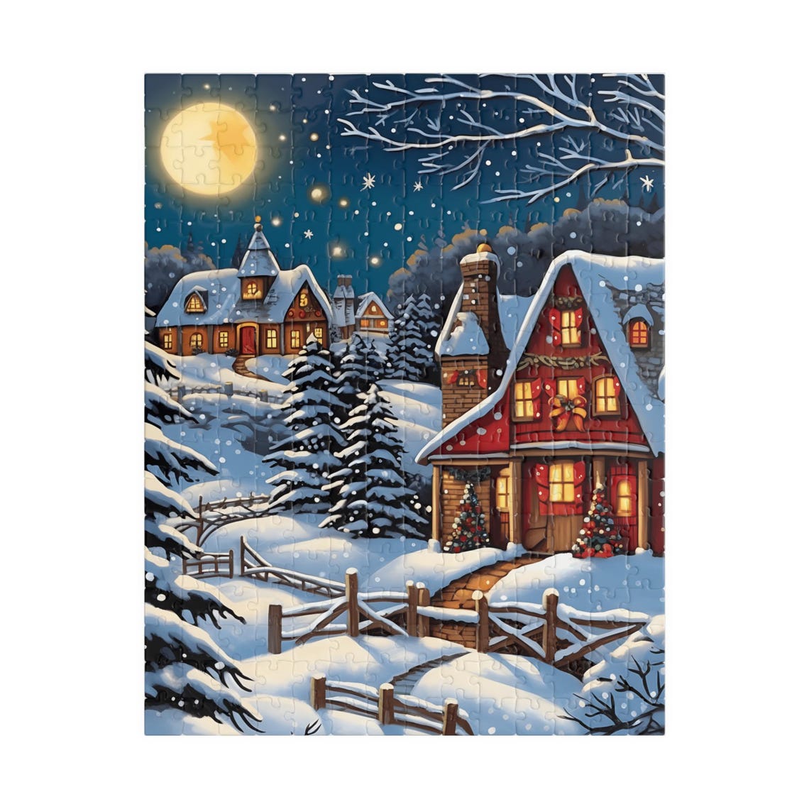 Moonlit Snow Covered Village with Glowing Red Cottage Night Poster - Image 5