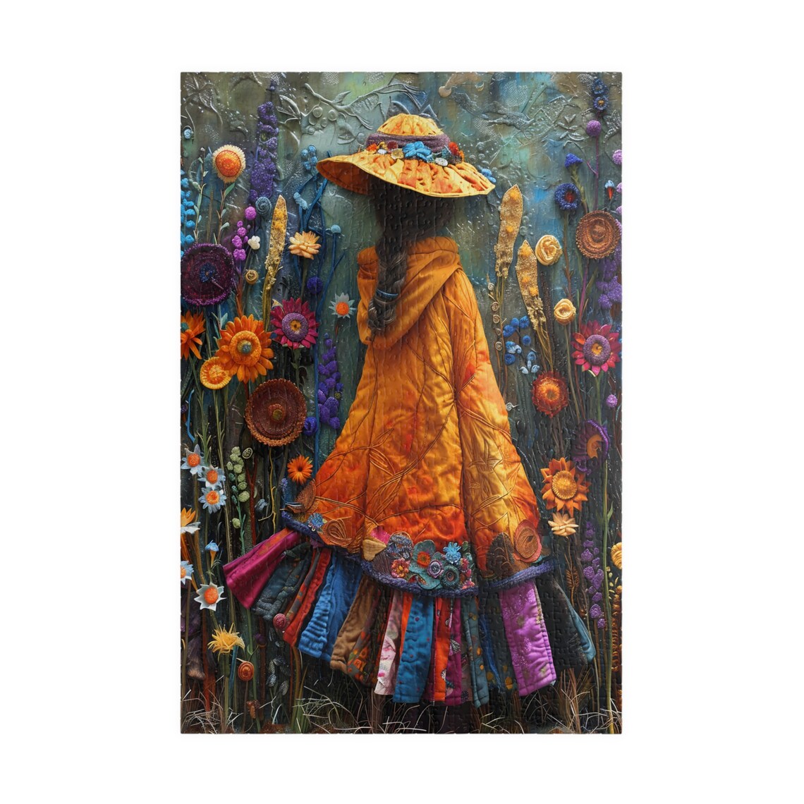Girl in Orange Coat Walking Wildflower Field Autumn Lady Poster - Image 3