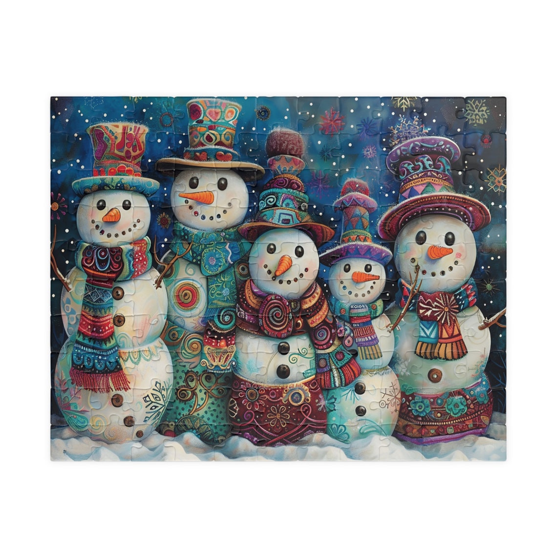Five Whimsical Snowmen Friends in Tall Colorful Hats Night Poster - Image 5