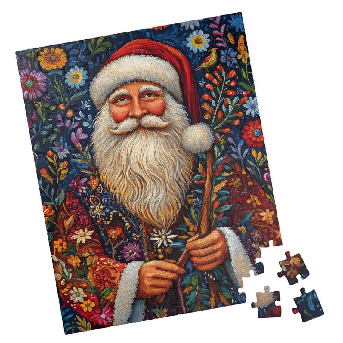 Santa Claus Portrait Folk Art Flowers Decorative Style Poster