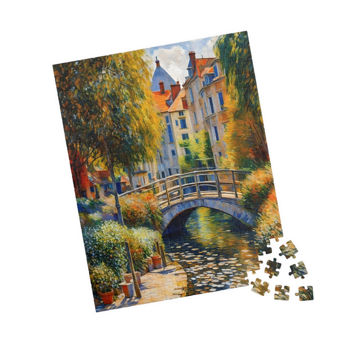 European Canal Town Stone Bridge Impressionist Landscape Poster - Image 4