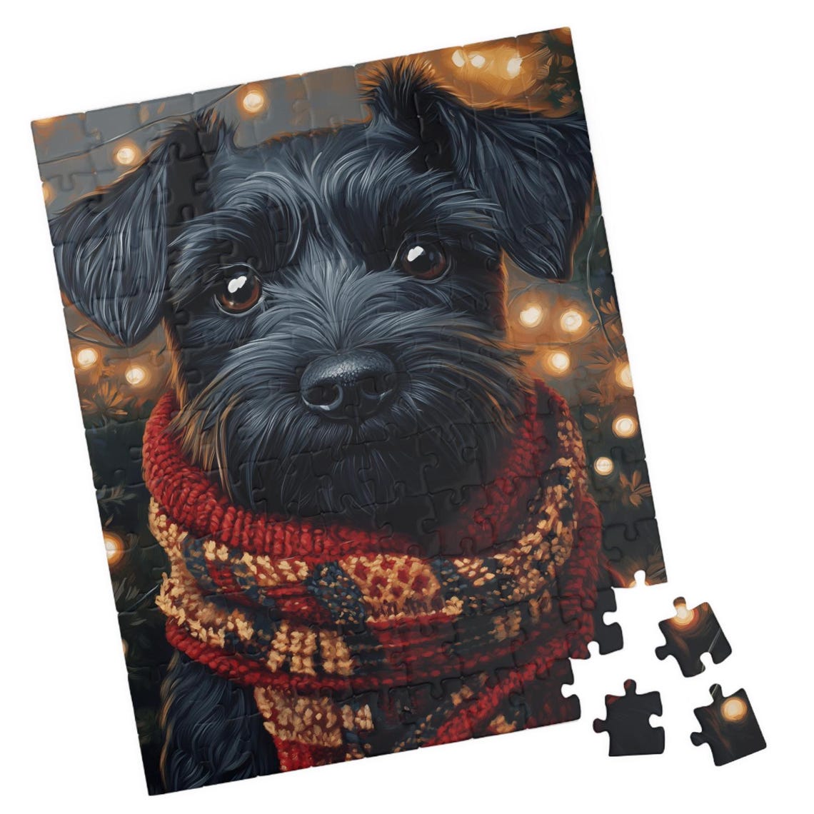 Black Schnauzer Dog With Knit Scarf Holiday Jigsaw Puzzle Print