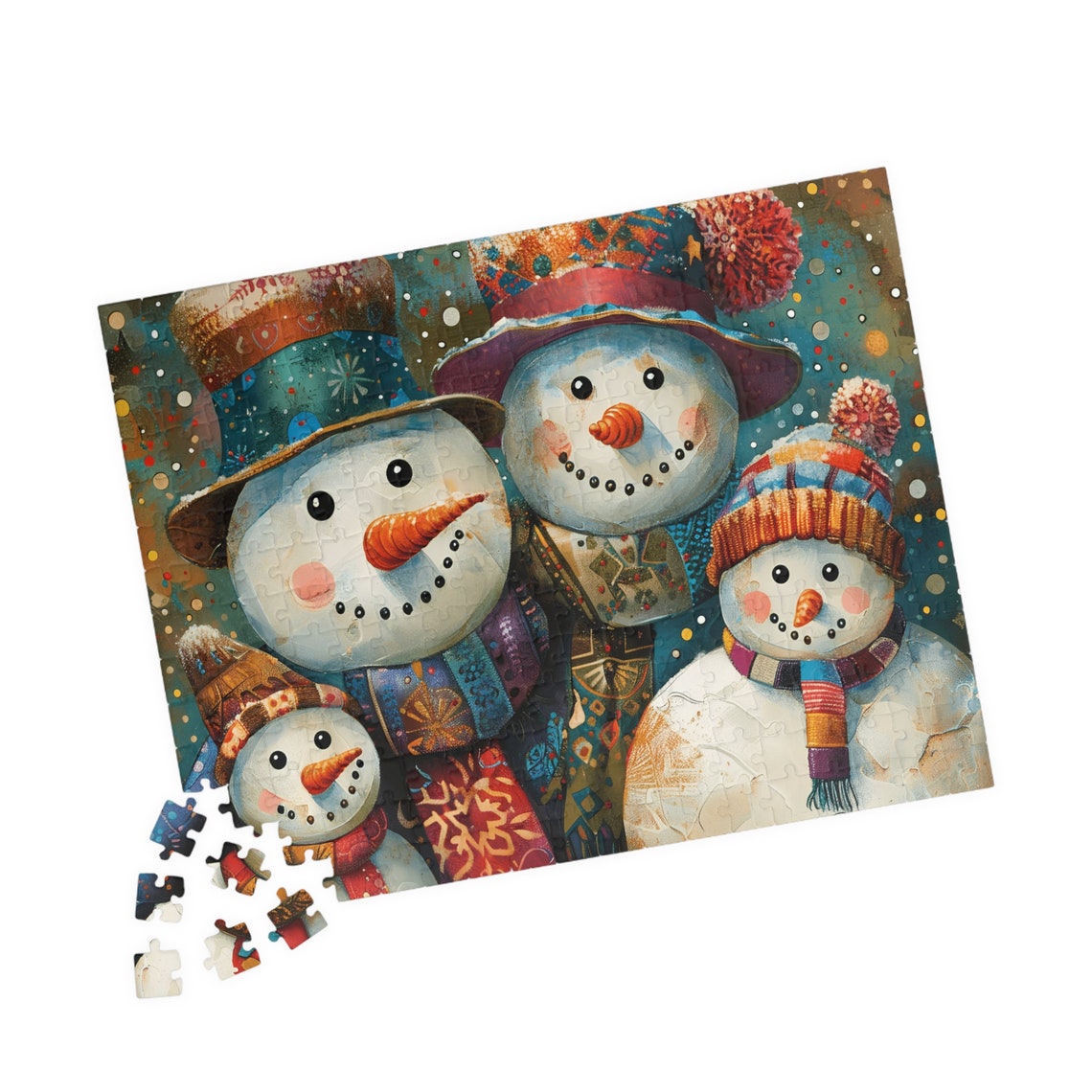 Four Happy Snowmen Family In Patterned Winter Hats Art Poster - Image 2