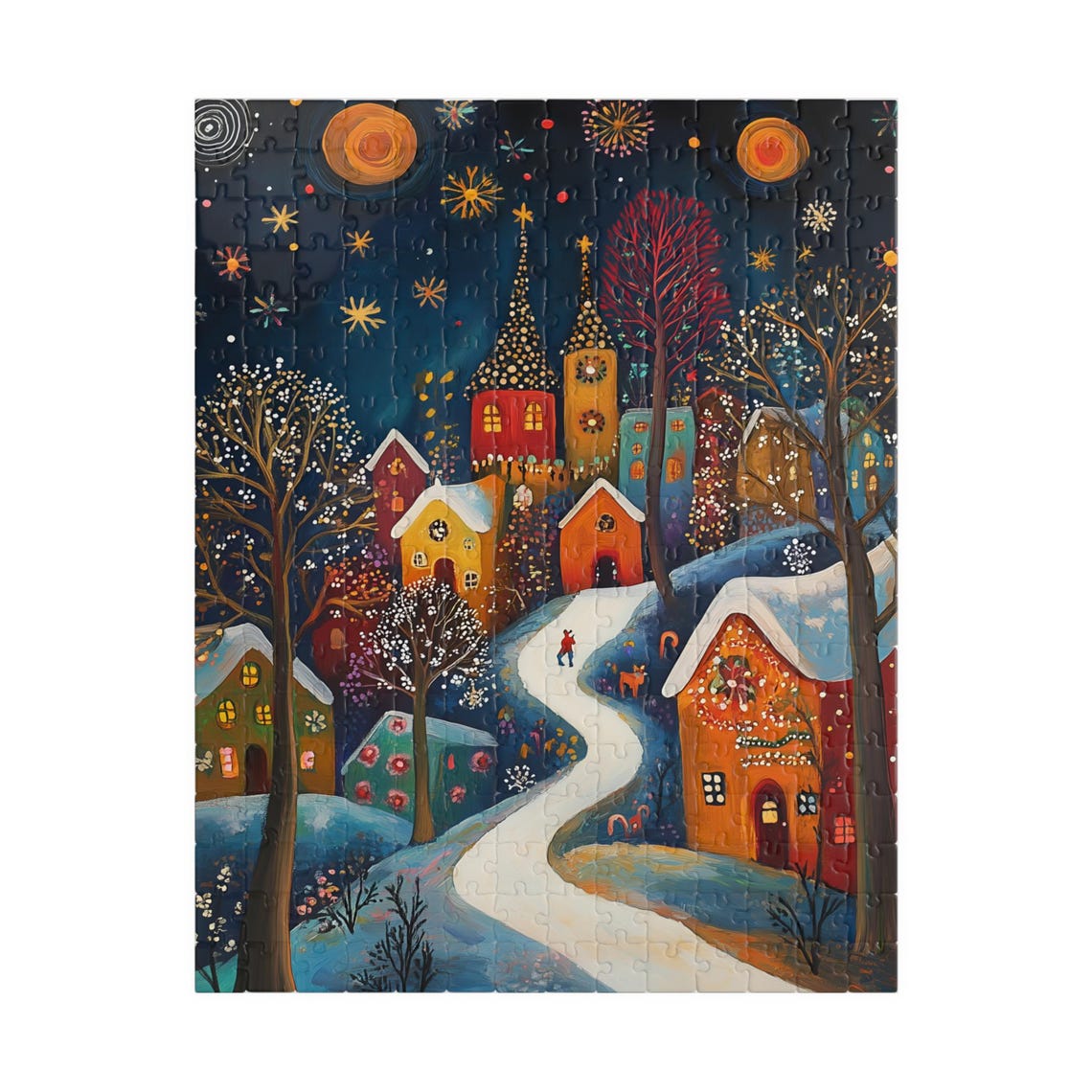 Snowy Village Night Folk Art Glowing Church Spires and Moon Poster - Image 5