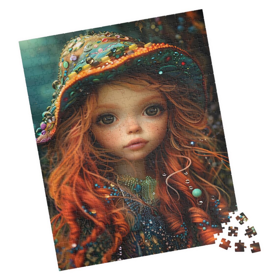 Red Haired Doll Girl Bejeweled Hat Fantasy Jigsaw Puzzle Print
