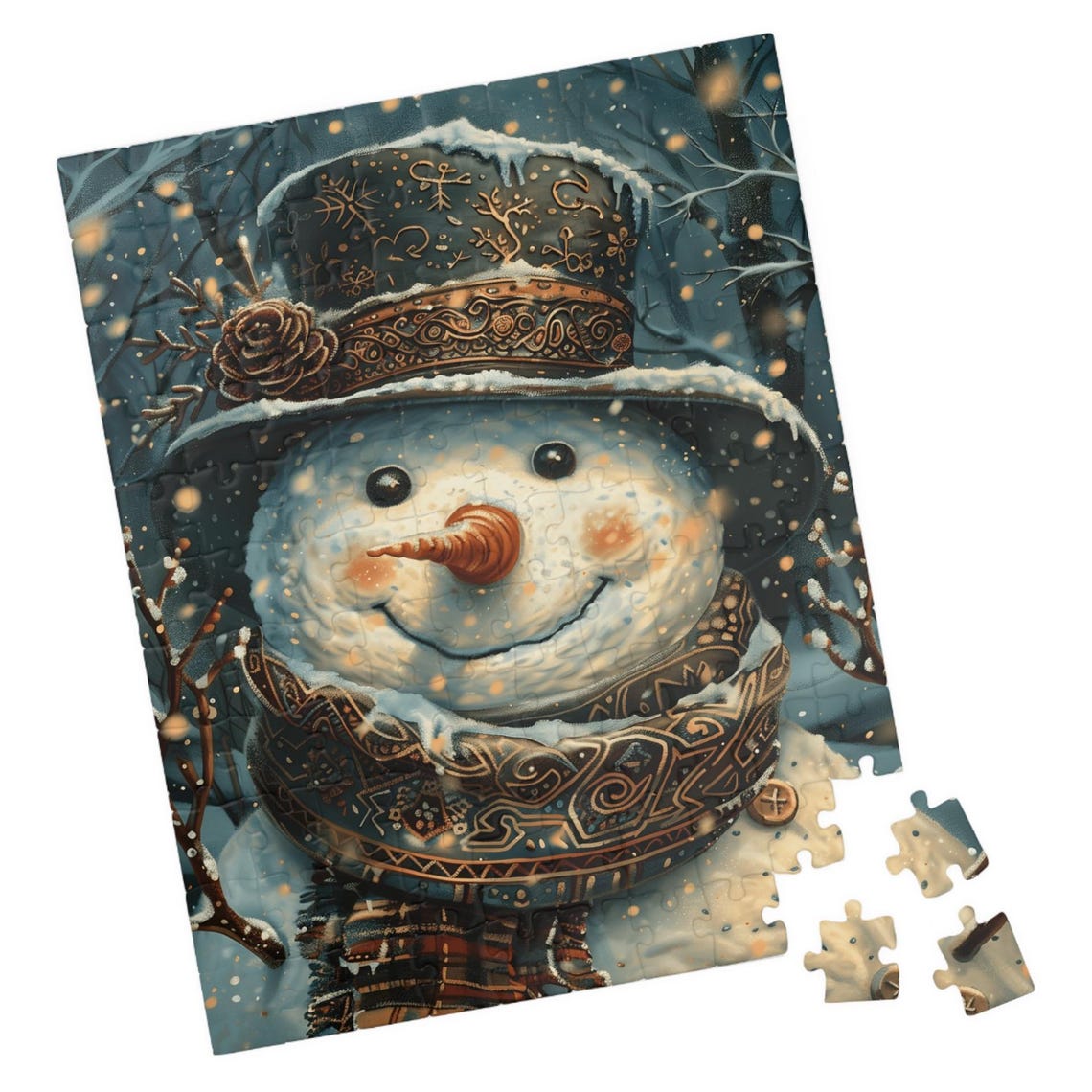 Frosted Snowman Portrait in Decorated Top Hat Snowy Night Poster