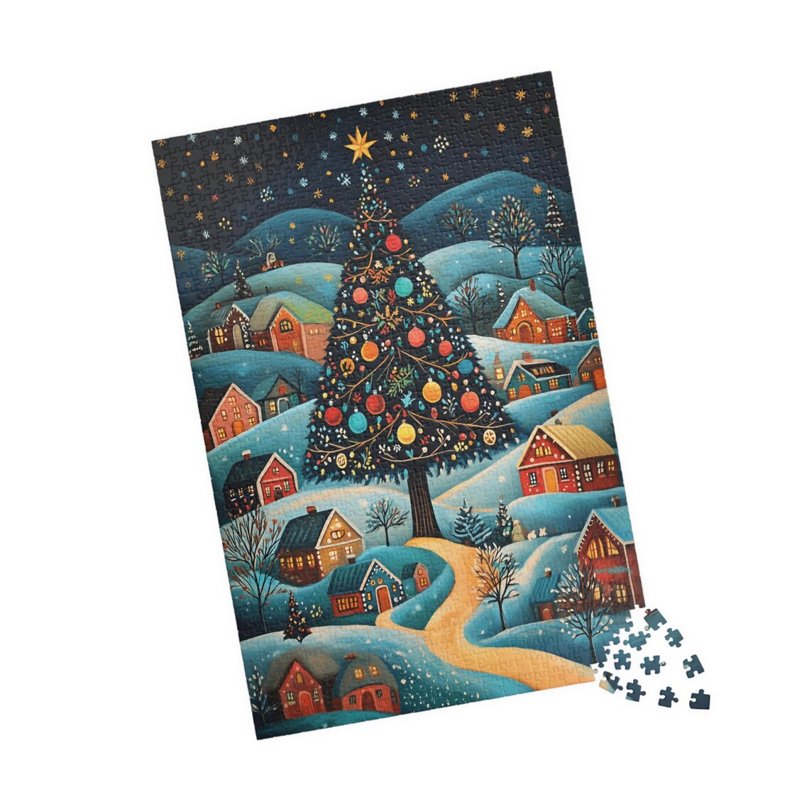 Folk Art Christmas Tree in a Snowy Night Village Festive Art Print - Image 4