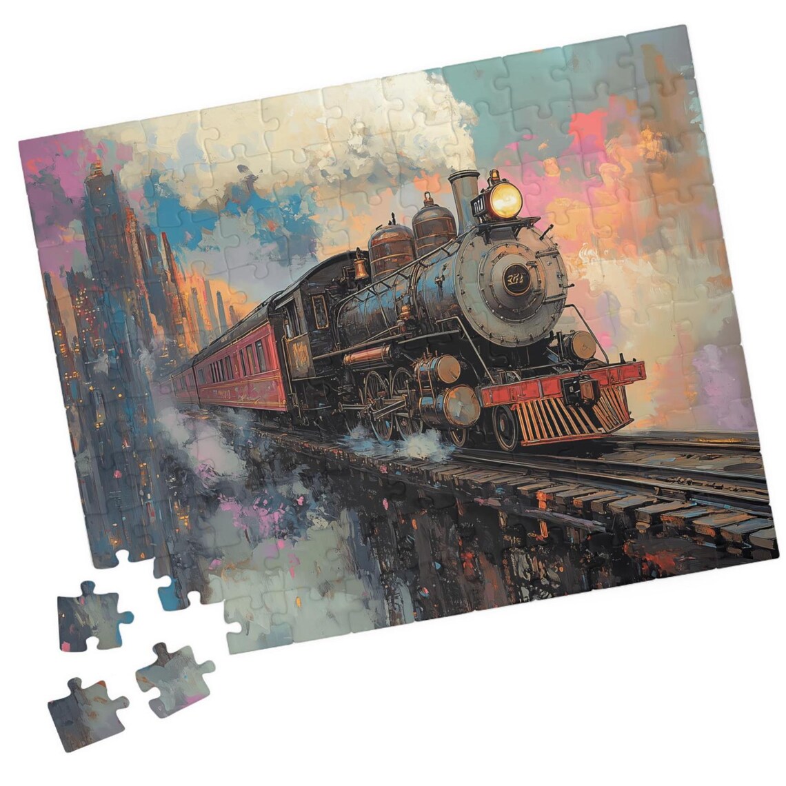 Steam Locomotive 361 Steaming Out Of A Colorful City Art Poster