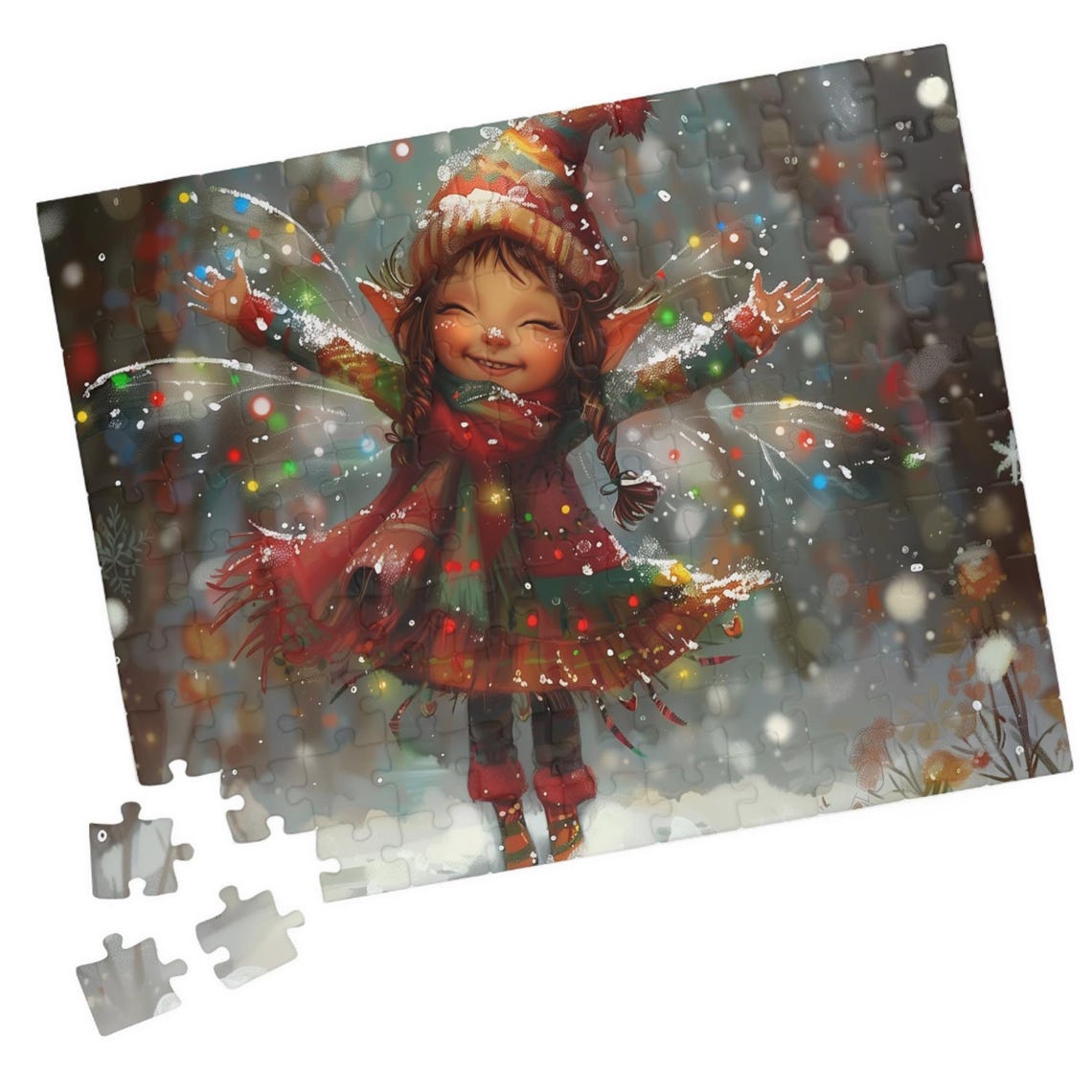 Joyful Elf Girl Dancing In Falling Snow Holiday Jigsaw Puzzle Print