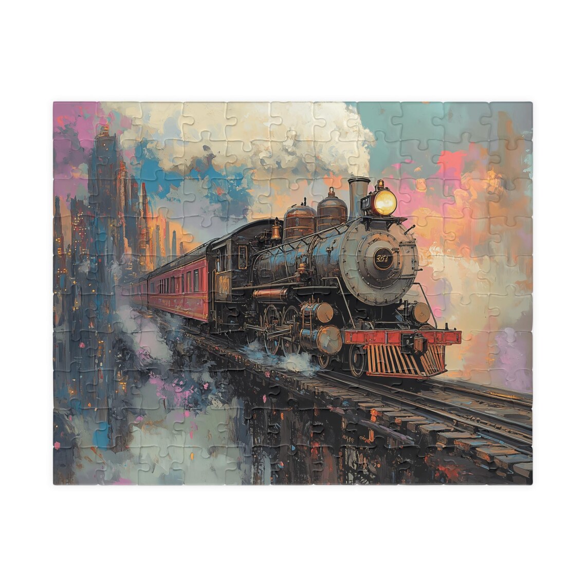 Steam Locomotive 361 Steaming Out Of A Colorful City Art Poster - Image 5