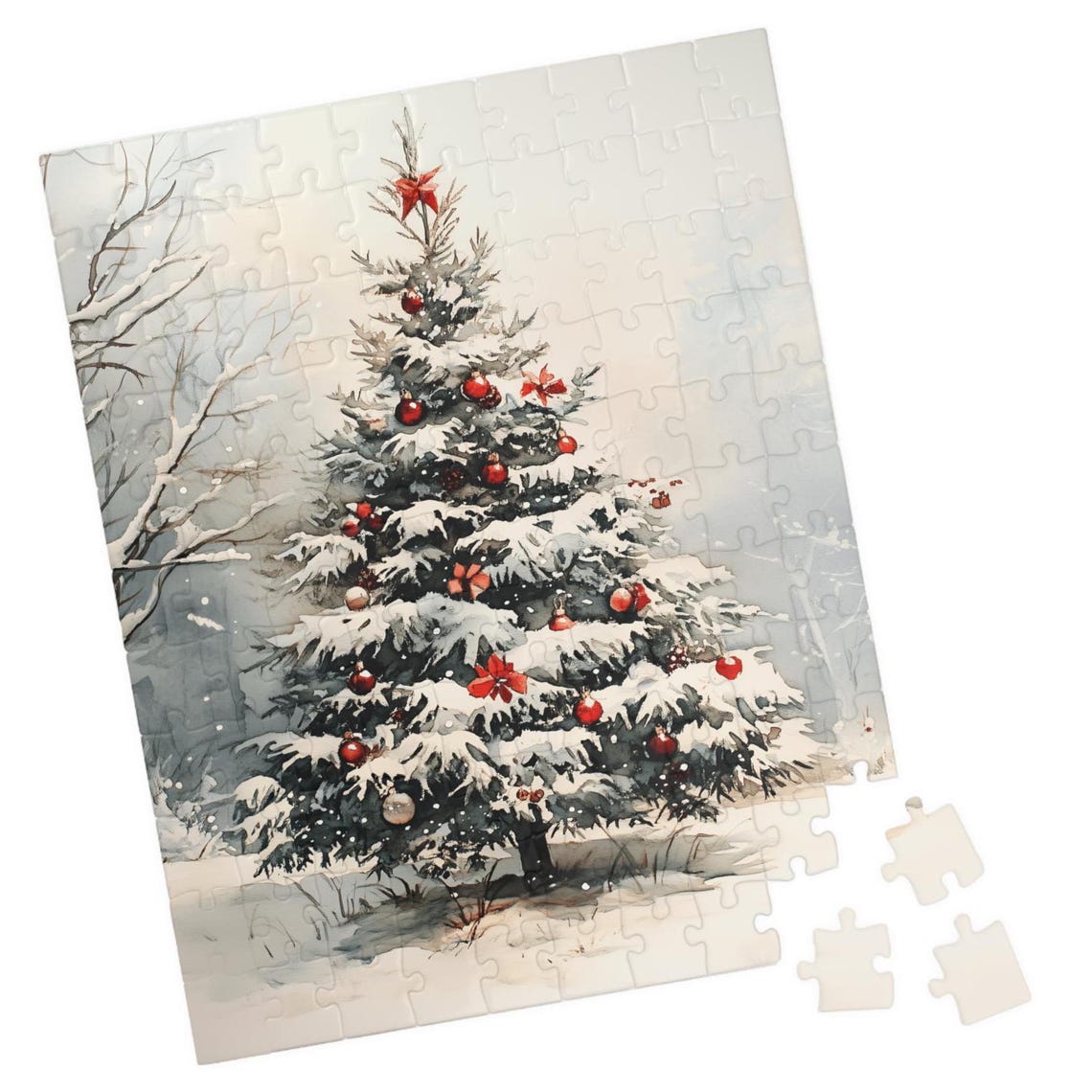 Snow Covered Christmas Tree With Red Ornaments Winter Art Poster