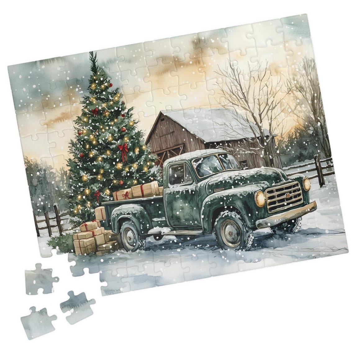 Vintage Green Truck With Christmas Tree Gifts and Red Barn Poster