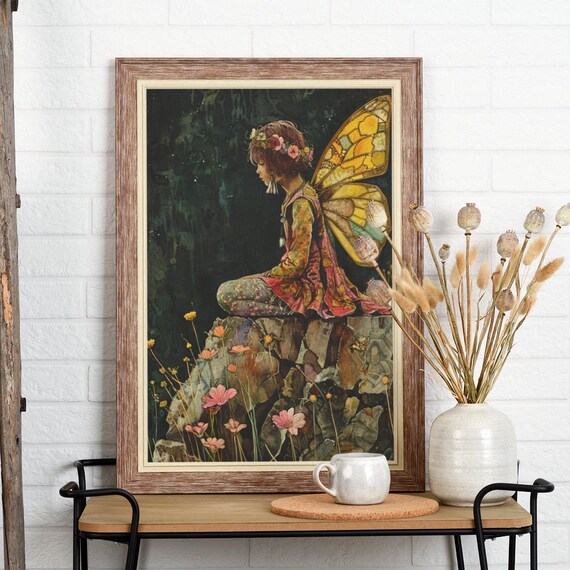Mindful Fairy Resting On Rocks With Golden Wings And Flower Crown Poster