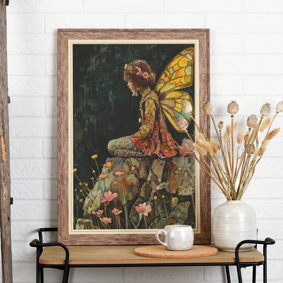Mindful Fairy Resting On Rocks With Golden Wings And Flower Crown Poster