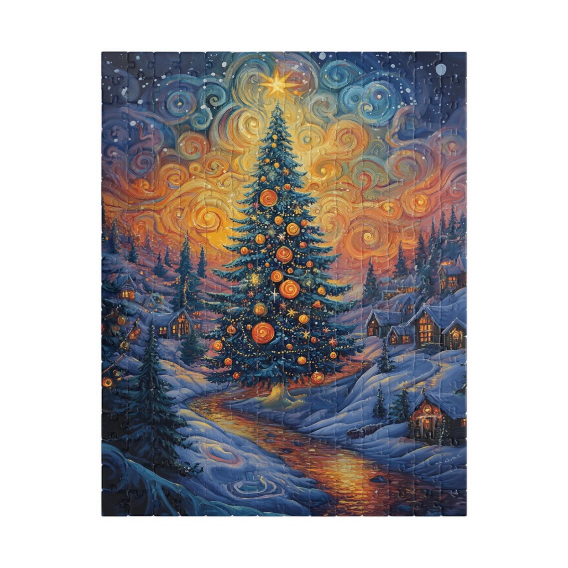 Whimsical Christmas Tree in Snowy Village Swirling Night Sky Poster - Image 5
