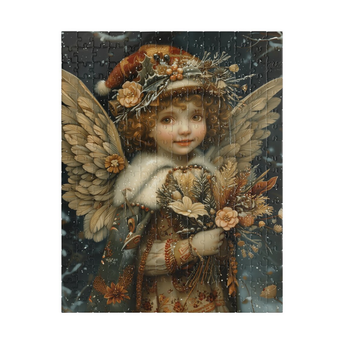 Vintage Winter Angel Girl with Feathered Wings and Flower Bouquet Poster - Image 2