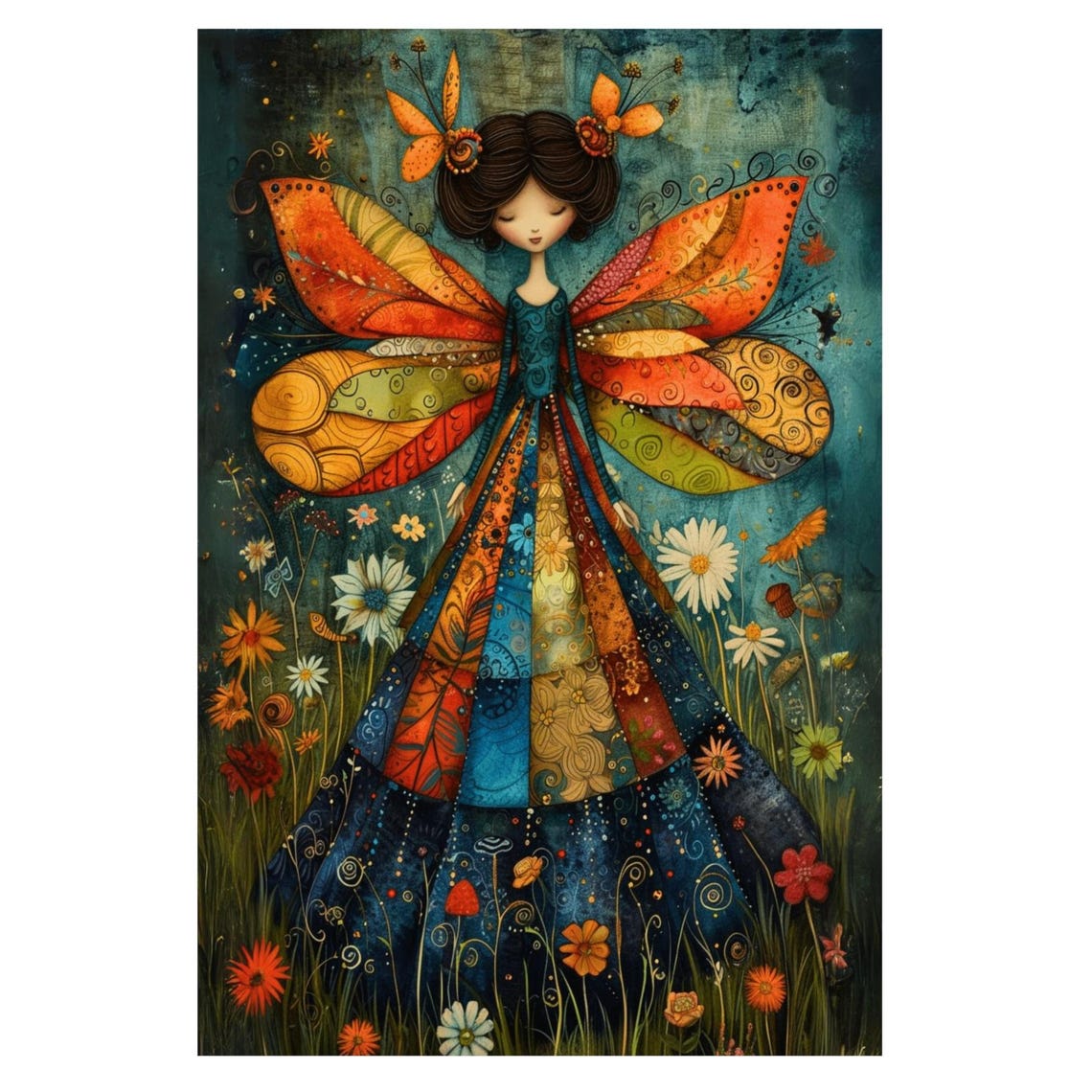 Serene Patchwork Butterfly Fairy Folk Art Framed Painting Poster - Image 3