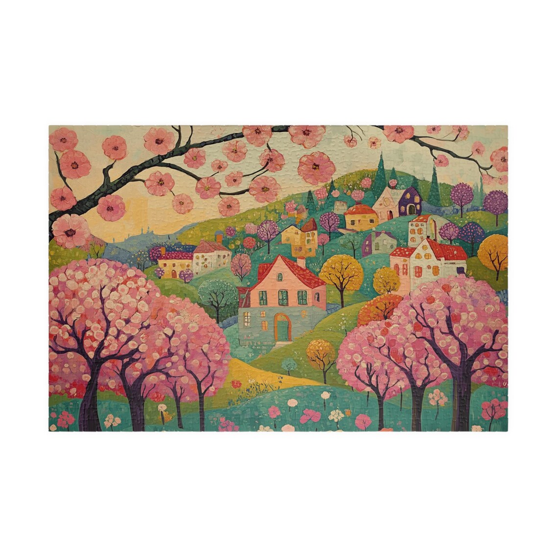 Spring Folk Art Village Art Print, Holiday Theme - Image 3
