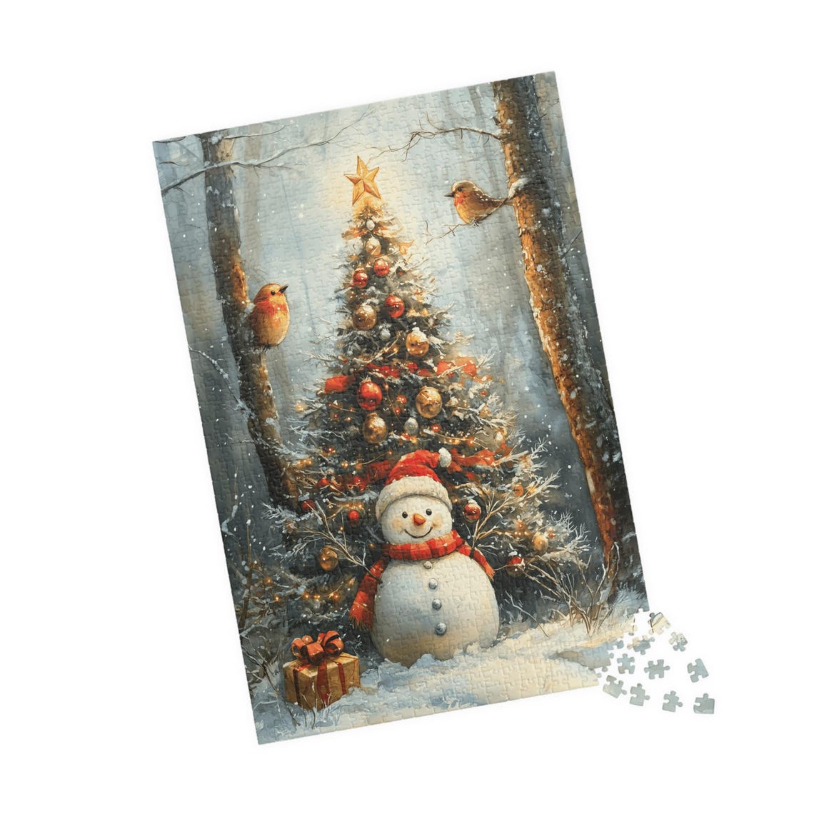 Smiling Snowman By A Decorated Christmas Tree In Forest Poster - Image 4