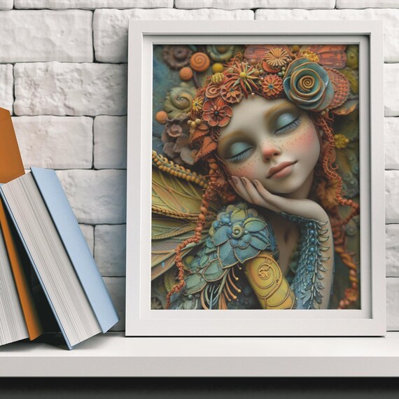 Peaceful Sleeping Fairy Flower Crown Teal Wings Tranquil Poster