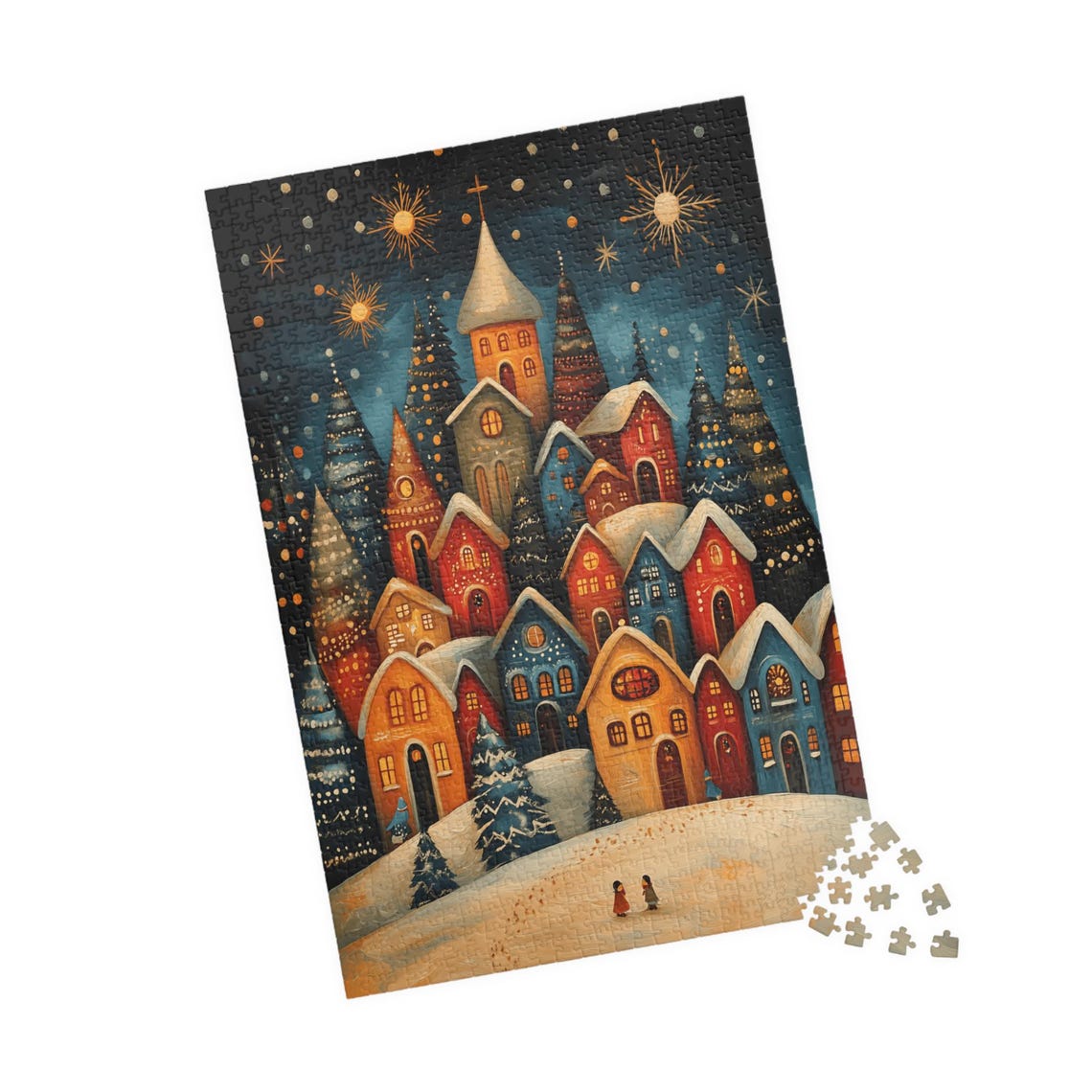 Starry Night Folk Art Village With Church and Glowing Windows Poster - Image 4