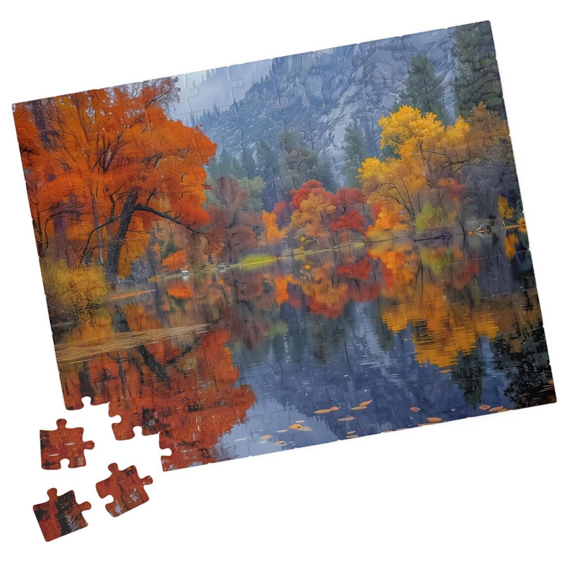 Fall Mountain Lake Jigsaw, Autumn Nature Art Print