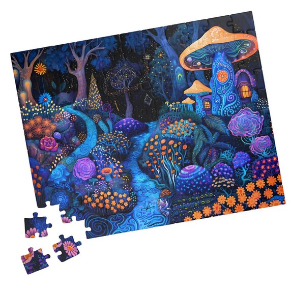 Midnight Mushroom House Glowing Forest Stream Fantasy Art Poster