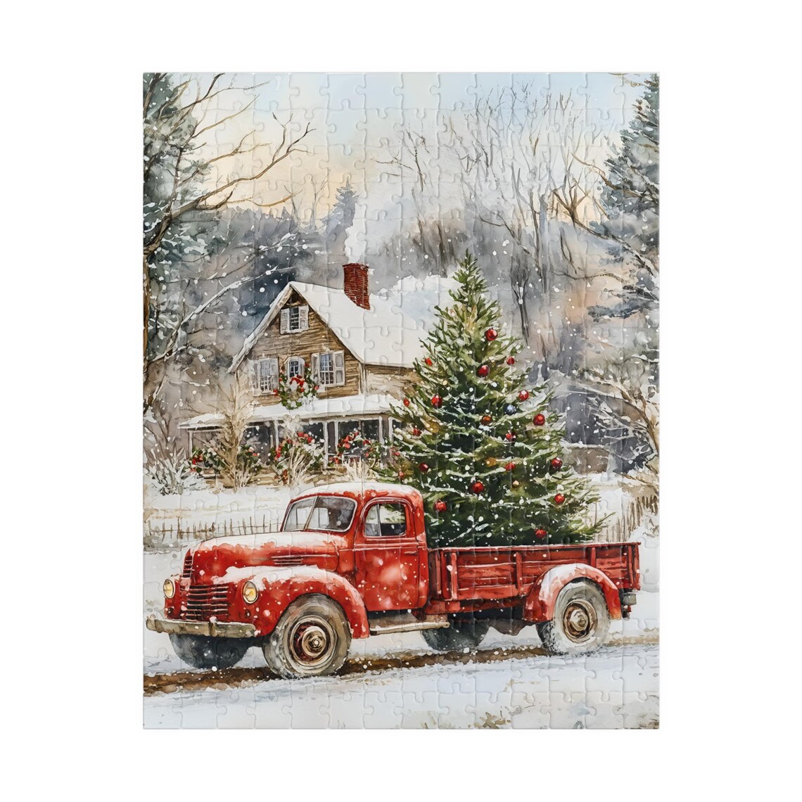Vintage Red Truck Carrying Christmas Tree Past Farmhouse Snow Poster - Image 5