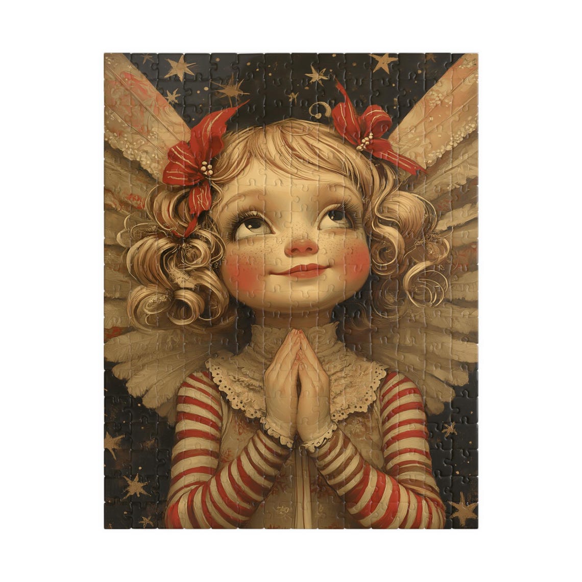 Little Angel Girl With Red Bows Praying Beneath Golden Stars Poster - Image 5