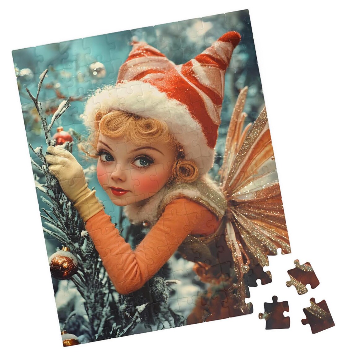Vintage Fairy With Red And White Striped Hat In Snow Art Print