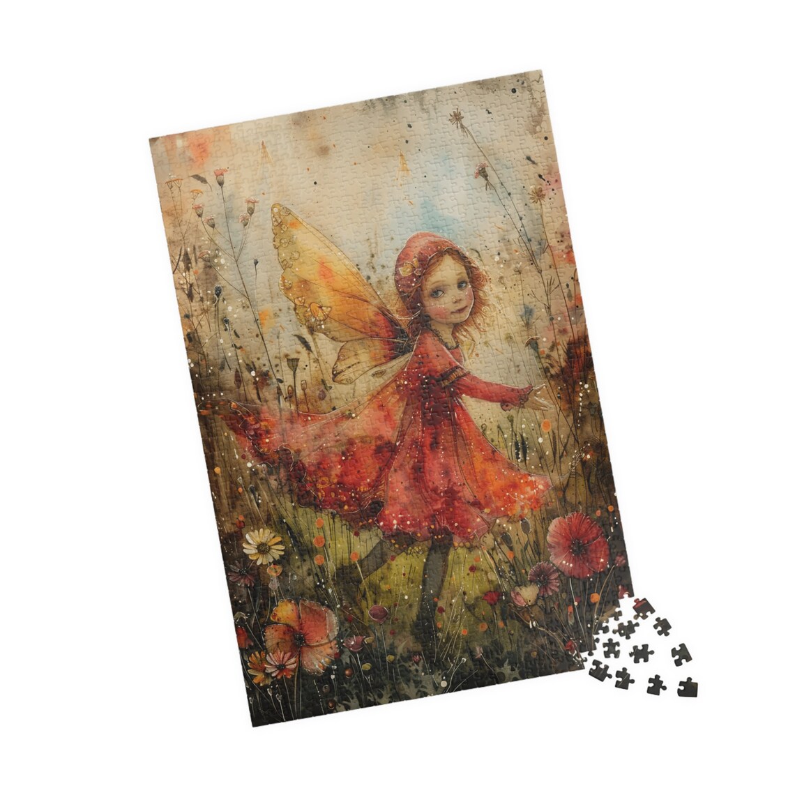 Watercolor Fairy Girl Red Dress Wildflower Meadow Art Poster - Image 4