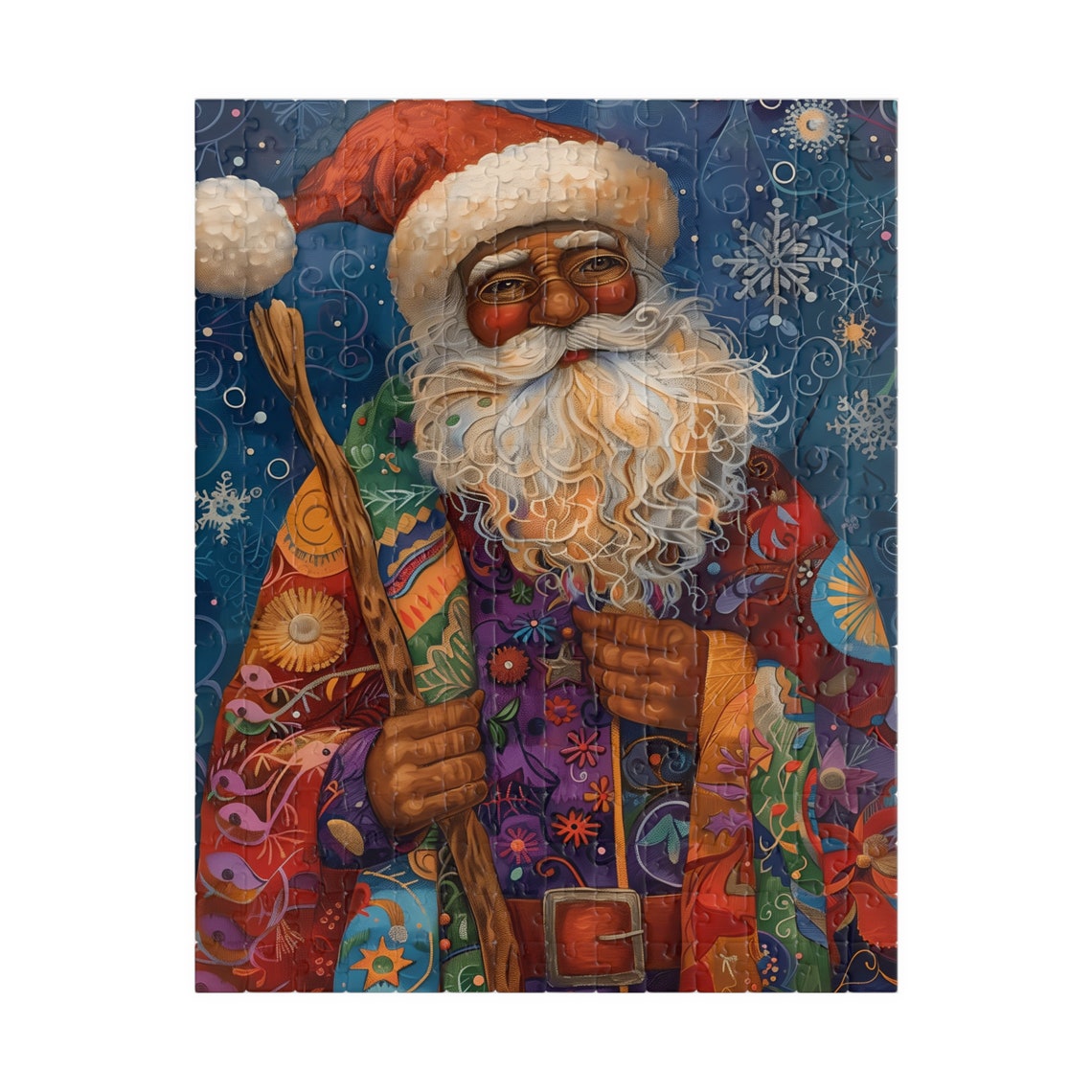 Kwanzaa Santa in a Colorful Patchwork Coat with Wooden Staff Poster - Image 2