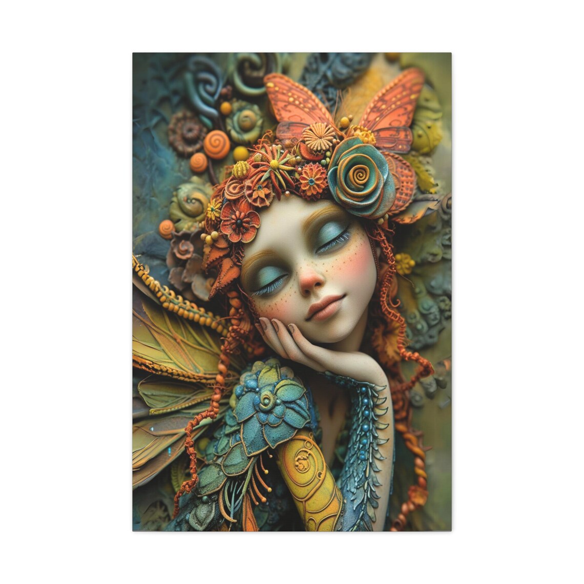 Sleeping Fairy Girl Butterfly Wings Floral Crown Dream Art Poster