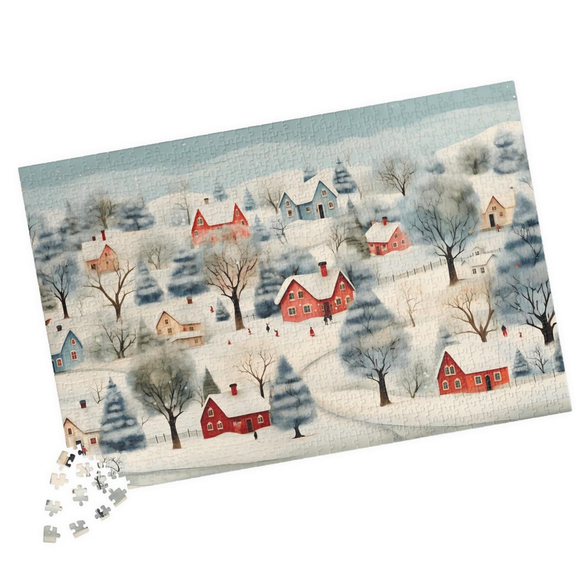 Cozy Snowy Village With Charming Red Houses in Winter Poster