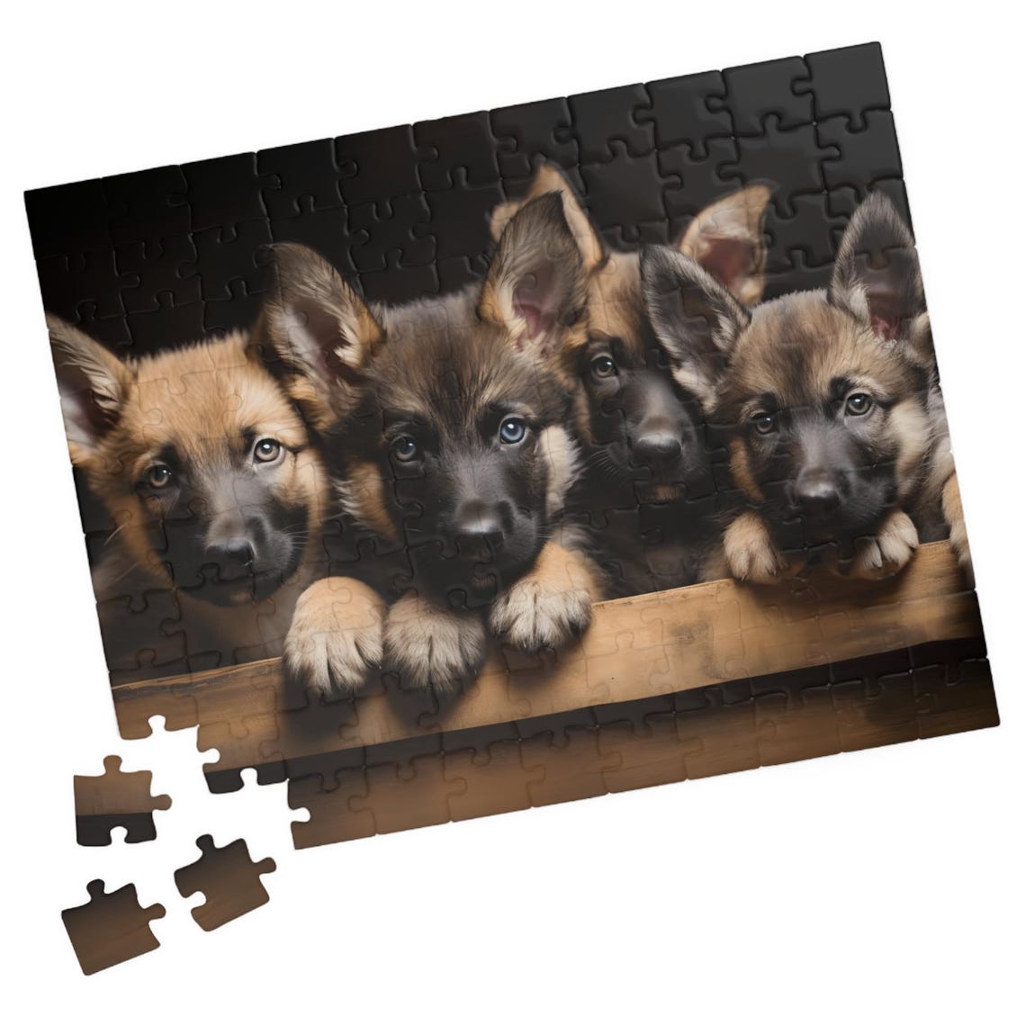 Four Cute German Shepherd Puppies Looking over a Wooden Ledge Poster