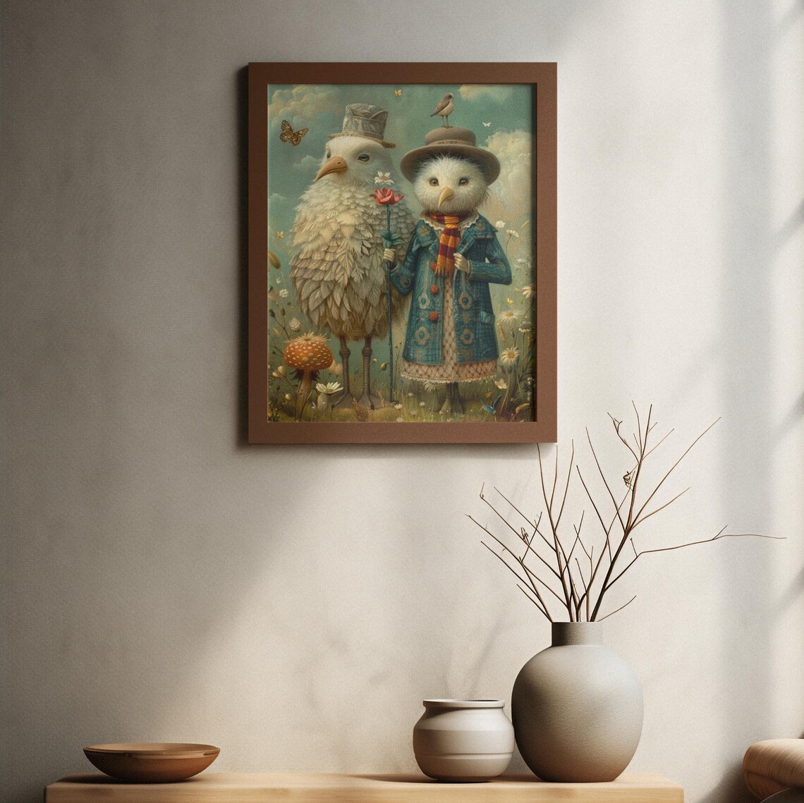 Two Fancy White Birds in Victorian Clothes in Wildflower Meadow Poster - Image 3