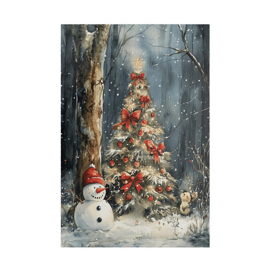 Smiling Snowman Beside A Christmas Tree In A Snowy Forest Poster - Image 3