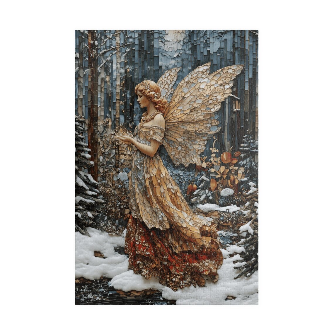 Stained Glass Winter Angel with Golden Mosaic Wings Snow Poster - Image 3
