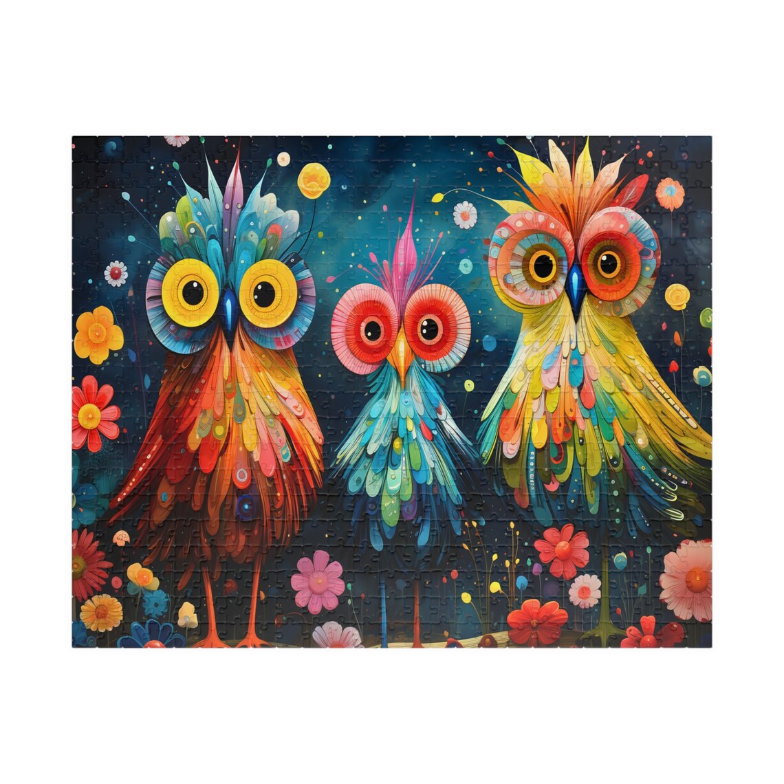 Three Whimsical Colorful Owls Fantasy Night Bird Scene Poster - Image 5