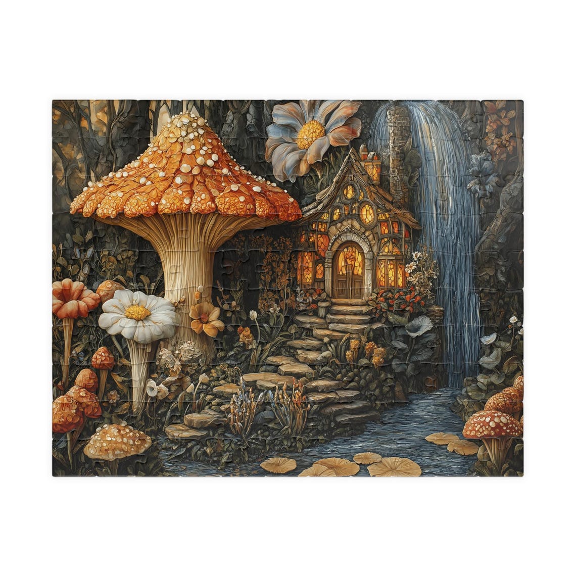 Enchanted Mushroom Cottage By A Waterfall In A Fairy Garden Poster - Image 5