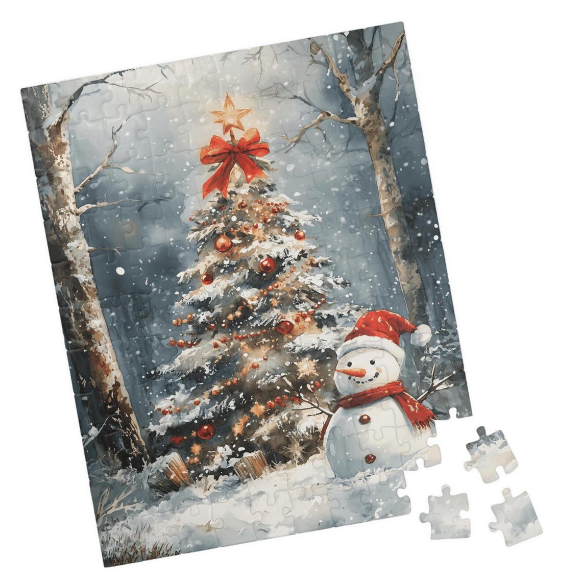 Snowman By A Christmas Tree With Star And Red Bows Winter Poster