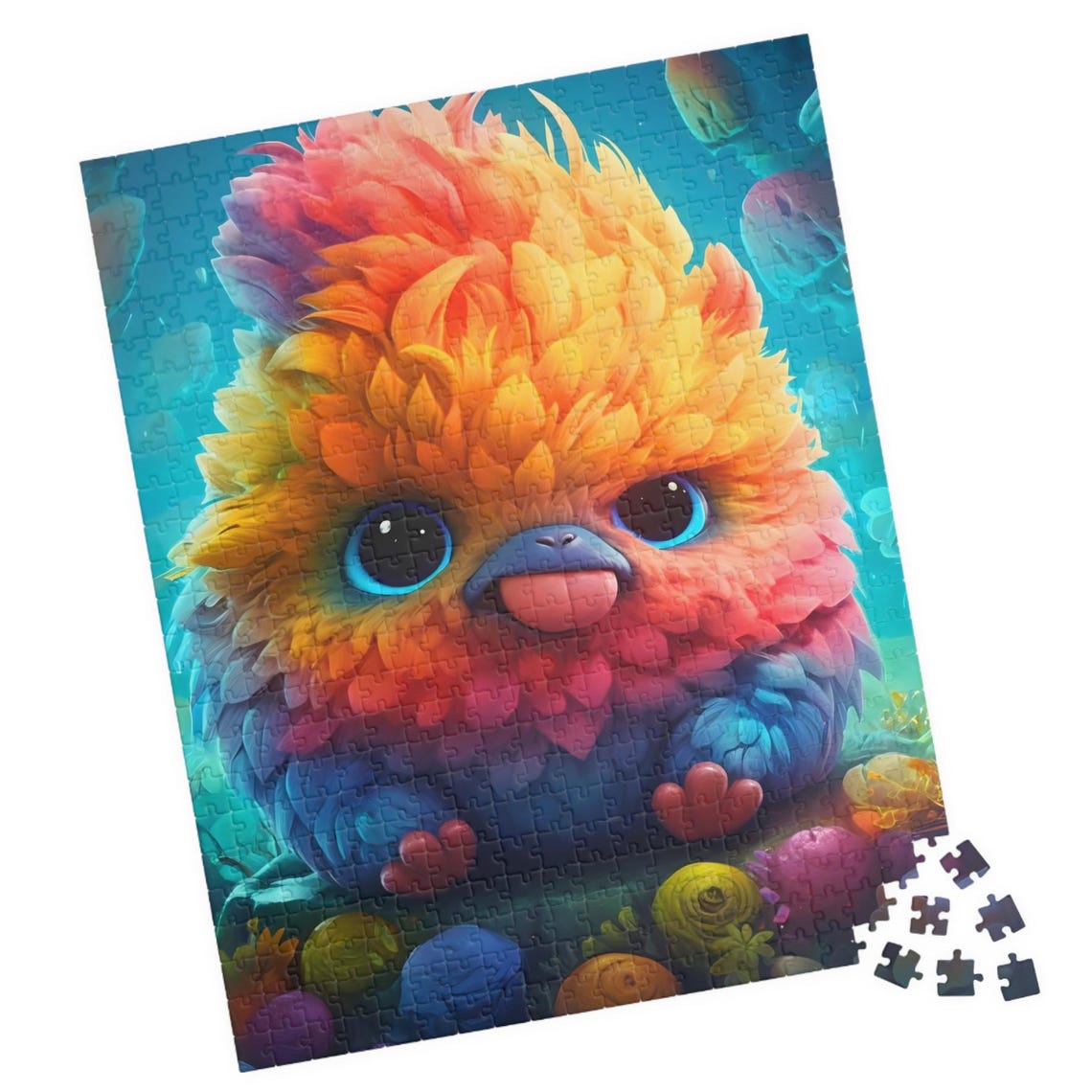 Cute Rainbow Fluffy Bird Fantasy Creature Turquoise Whimsical Poster