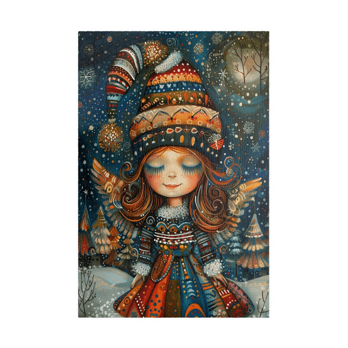 Little Winter Fairy in Festive Patterned Clothes with Snow Art Poster - Image 3