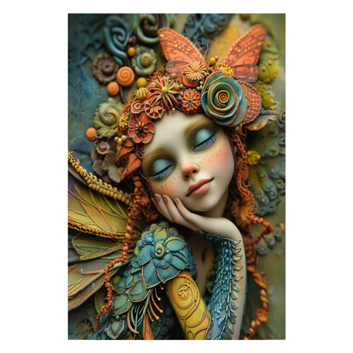 Peaceful Sleeping Fairy Flower Crown Teal Wings Tranquil Poster - Image 3