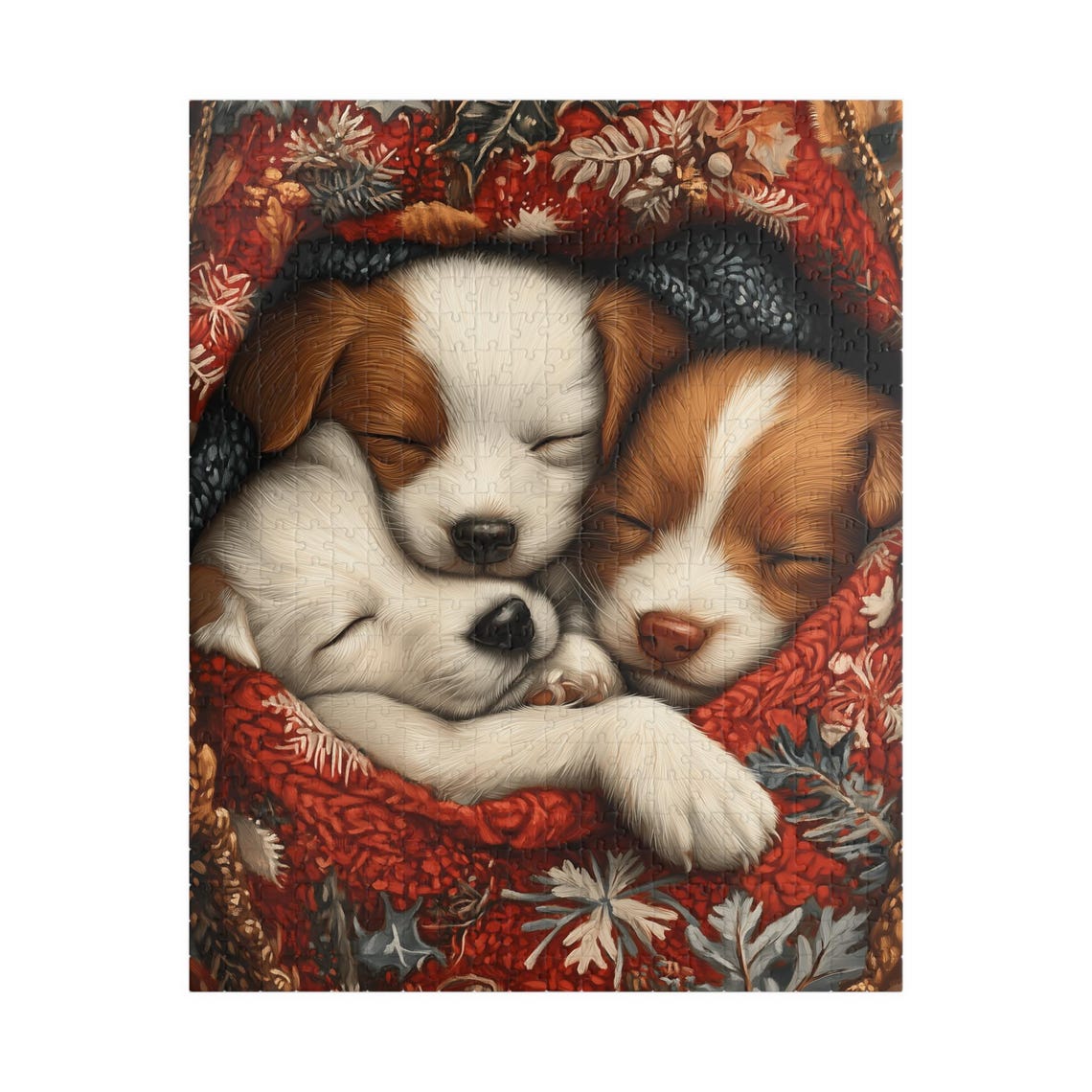 Three Sleeping Puppies in a Red Floral Blanket Cute Dog Art Poster - Image 3