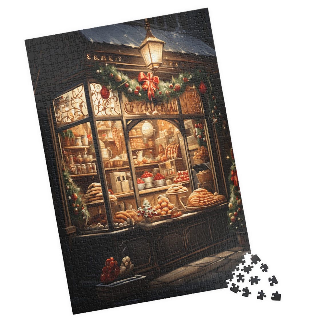 Cozy Christmas Bakery Shop Window Glowing on a Snowy Night Poster