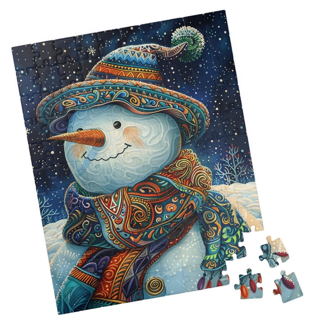 Colorful Snowman with Patterned Hat and Swirl Scarf Starry Poster