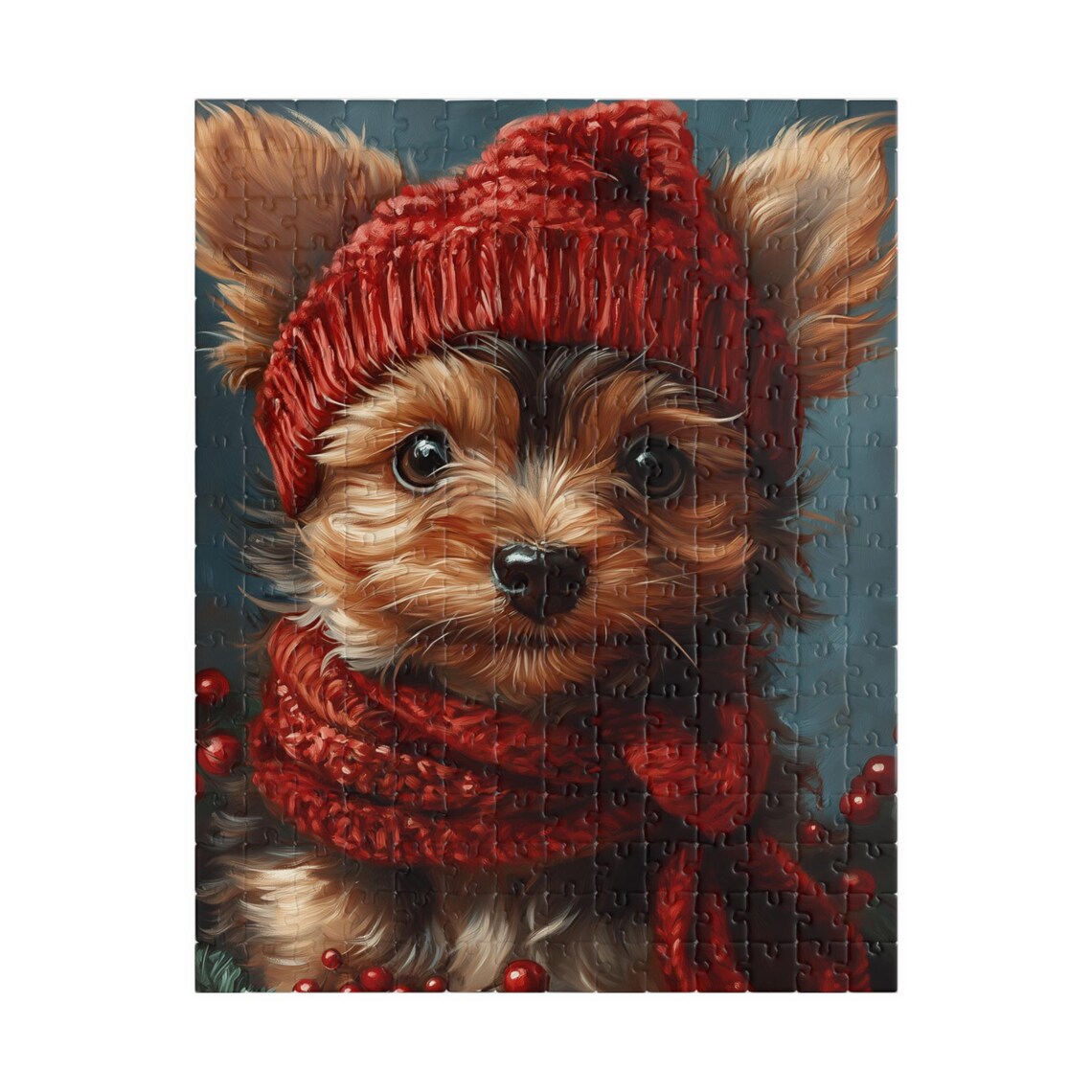 Adorable Yorkie Puppy In Red Knit Hat And Scarf Portrait Art Poster - Image 5