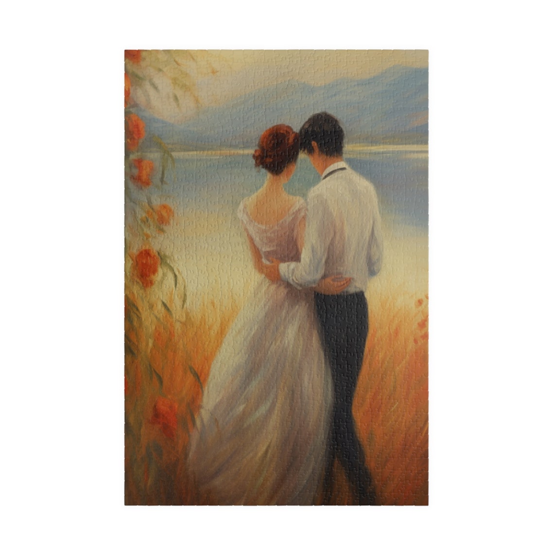 Romantic Couple Embracing By A Golden Sunset Lake Art Poster - Image 3