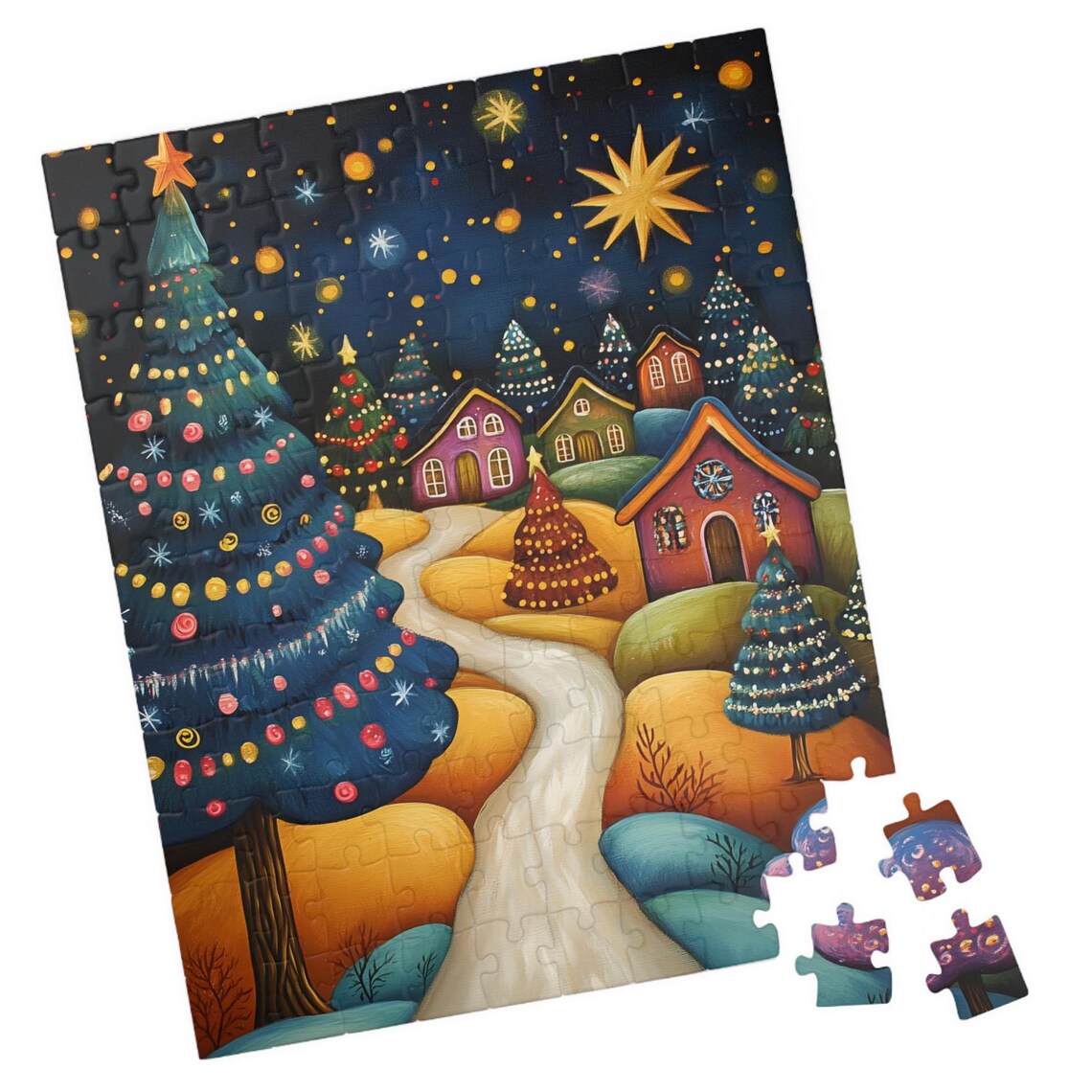 Folk Art Christmas Village With Giant Tree and Starry Night Sky Poster